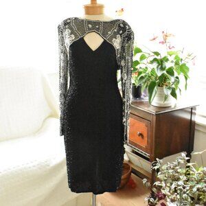 Laurence Kazar Beaded Sheath Dress L Black White Silk Cutout Formal Cocktail